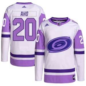 Sebastian Aho Men's Adidas Carolina Hurricanes Authentic White/Purple Hockey Fights Cancer Primegreen Jersey