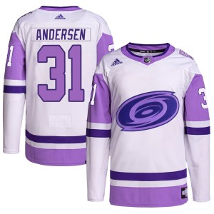 Frederik Andersen Men's Adidas Carolina Hurricanes Authentic White/Purple Hockey Fights Cancer Primegreen Jersey