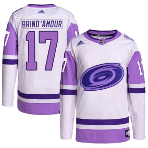 Rod Brind'Amour Men's Adidas Carolina Hurricanes Authentic White/Purple Hockey Fights Cancer Primegreen Jersey