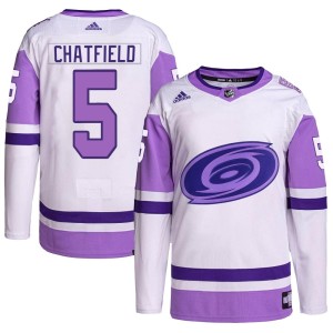 Jalen Chatfield Men's Adidas Carolina Hurricanes Authentic White/Purple Hockey Fights Cancer Primegreen Jersey