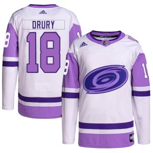 Jack Drury Men's Adidas Carolina Hurricanes Authentic White/Purple Hockey Fights Cancer Primegreen Jersey
