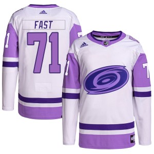 Jesper Fast Men's Adidas Carolina Hurricanes Authentic White/Purple Hockey Fights Cancer Primegreen Jersey