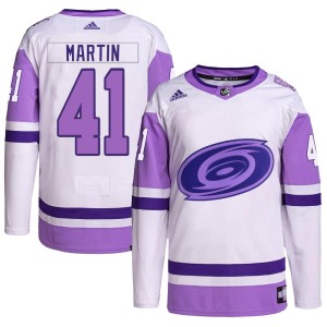 Spencer Martin Men's Adidas Carolina Hurricanes Authentic White/Purple Hockey Fights Cancer Primegreen Jersey