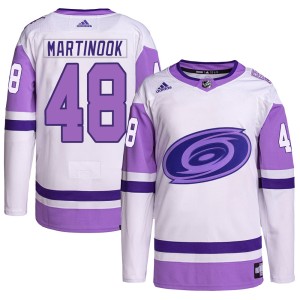Jordan Martinook Men's Adidas Carolina Hurricanes Authentic White/Purple Hockey Fights Cancer Primegreen Jersey