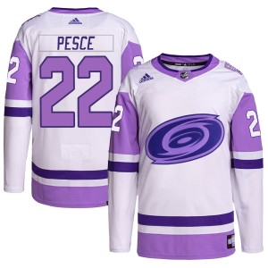 Brett Pesce Men's Adidas Carolina Hurricanes Authentic White/Purple Hockey Fights Cancer Primegreen Jersey