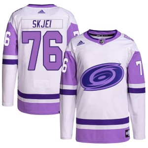 Brady Skjei Men's Adidas Carolina Hurricanes Authentic White/Purple Hockey Fights Cancer Primegreen Jersey