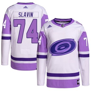 Jaccob Slavin Men's Adidas Carolina Hurricanes Authentic White/Purple Hockey Fights Cancer Primegreen Jersey