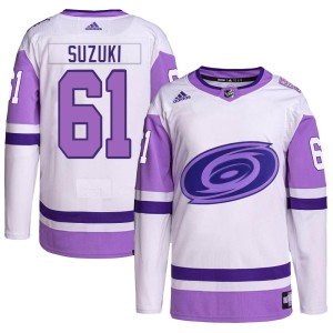 Ryan Suzuki Men's Adidas Carolina Hurricanes Authentic White/Purple Hockey Fights Cancer Primegreen Jersey