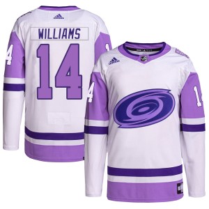 Justin Williams Men's Adidas Carolina Hurricanes Authentic White/Purple Hockey Fights Cancer Primegreen Jersey