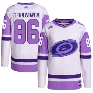 Teuvo Teravainen Youth Adidas Carolina Hurricanes Authentic White/Purple Hockey Fights Cancer Primegreen Jersey