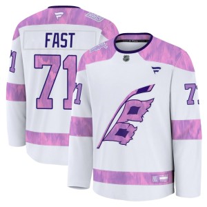 Jesper Fast Men's Fanatics Carolina Hurricanes Premium White 2024 Hockey Fights Cancer Practice Jersey