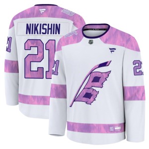 Alexander Nikishin Men's Fanatics Carolina Hurricanes Premium White 2024 Hockey Fights Cancer Practice Jersey