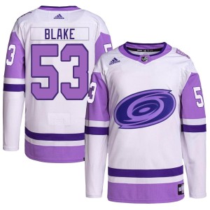 Jackson Blake Men's Adidas Carolina Hurricanes Authentic White/Purple Hockey Fights Cancer Primegreen Jersey