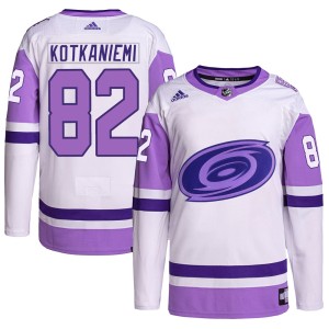 Jesperi Kotkaniemi Men's Adidas Carolina Hurricanes Authentic White/Purple Hockey Fights Cancer Primegreen Jersey