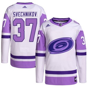 Andrei Svechnikov Men's Adidas Carolina Hurricanes Authentic White/Purple Hockey Fights Cancer Primegreen Jersey