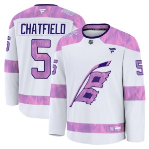 Jalen Chatfield Youth Fanatics Carolina Hurricanes Premium White 2024 Hockey Fights Cancer Practice Jersey