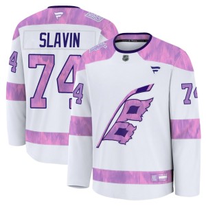 Jaccob Slavin Youth Fanatics Carolina Hurricanes Premium White 2024 Hockey Fights Cancer Practice Jersey
